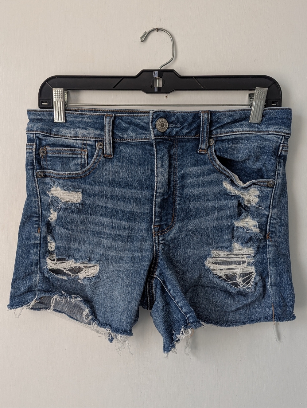 American Eagle Hi-Rise Shortie Distressed Denim Jean Shorts Stretch Size 8